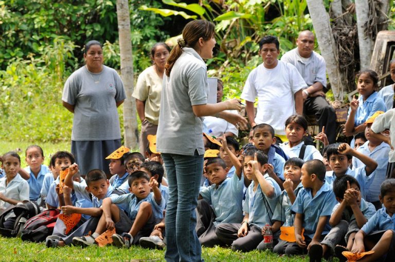 Student discussion outdoors