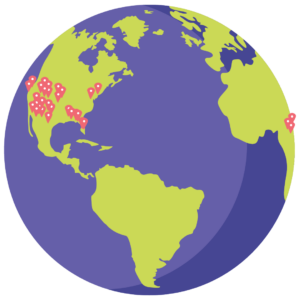 Vector illustration of Earth with reed marks indicating spots in the United States and one in Africa