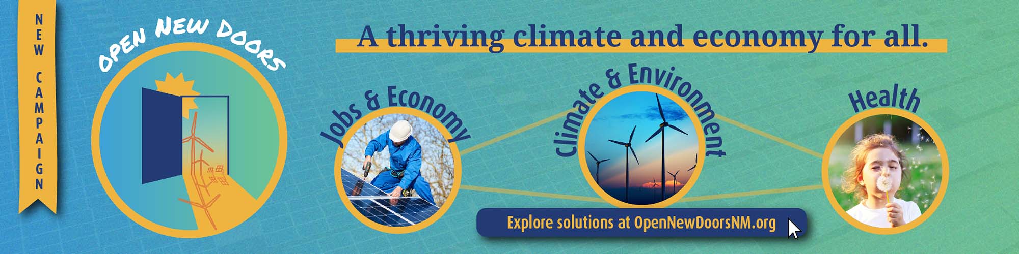 Banner ad with the Open New Doors logo and a headline "A thriving climate and economy for all"