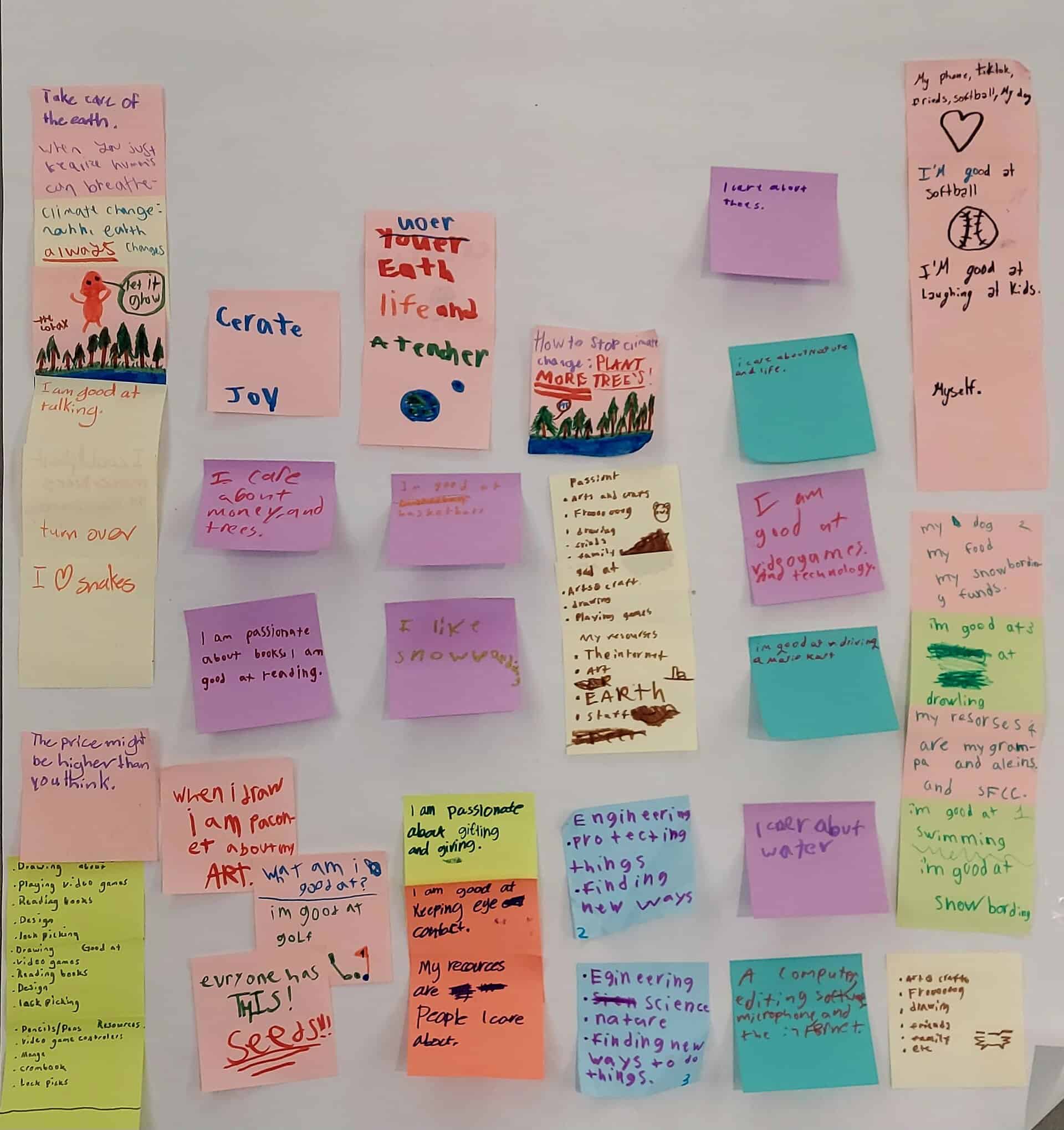 A wall display of colorful sticky notes, each with handwritten affirmations, quotes, and personal statements in various colors and handwriting styles.