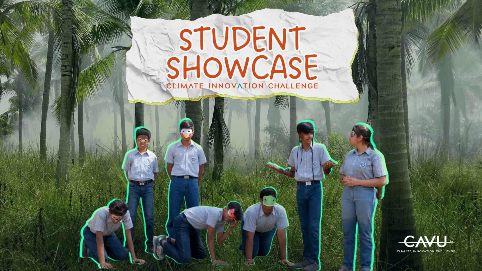 Seven students in school uniforms participate in an outdoor activity under palm trees, with a “Student Showcase: Climate Innovation Challenge” banner displayed above them.