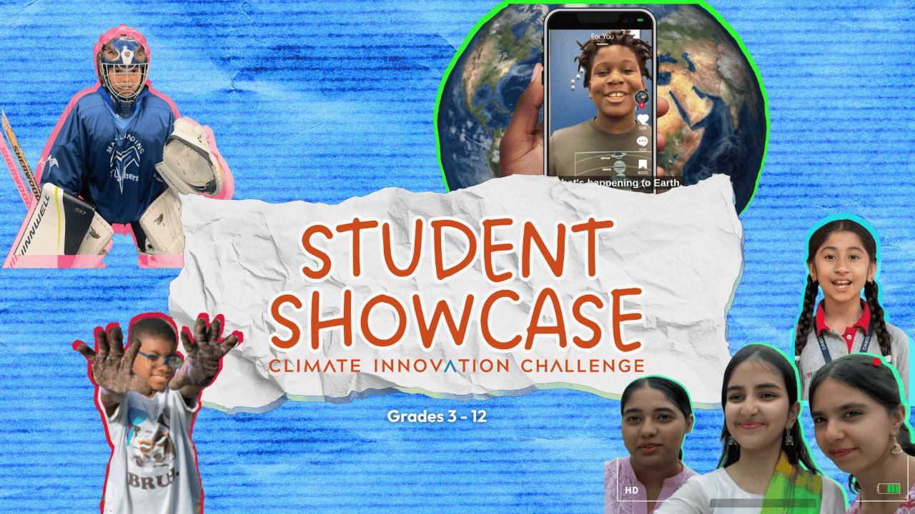 A promotional graphic for the 2026 CAVU Student Showcase Climate Innovation Challenge, featuring students in various settings, Honorable Mentions, and the text Grades 3–12 on a blue textured background.