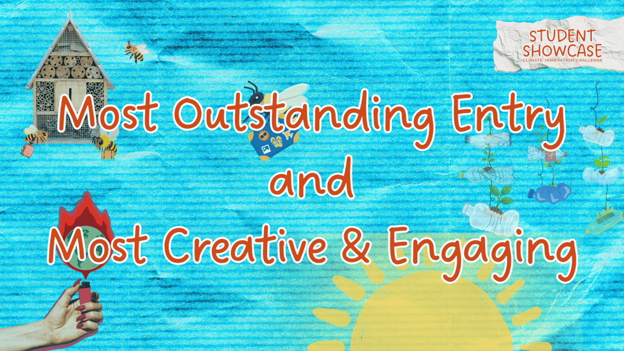 Text on a blue textured background reads: Outstanding Entry Awards and Most Creative & Engaging. Various small illustrations and a Student Showcase badge add vibrant detail.