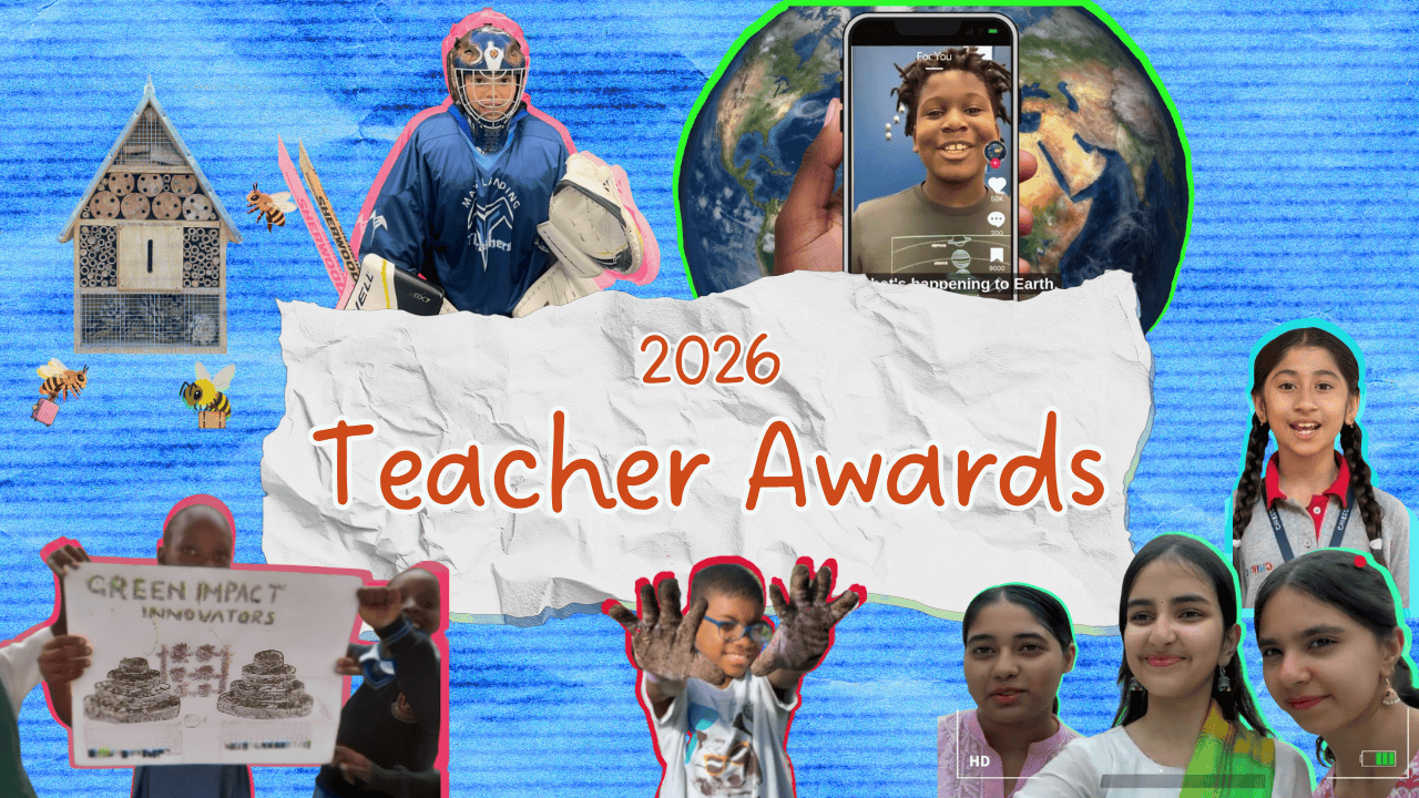 A colorful collage featuring children, educators in hockey gear, a phone with a child's face, and 2026 Teacher Awards text in the center on a textured blue background highlights the Climate Innovation Challenge Student Showcase.