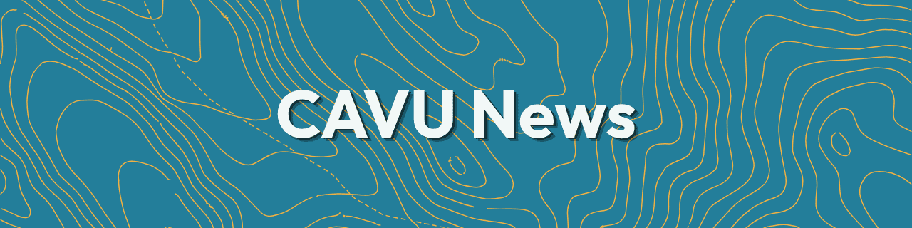 White text reading CAVU News appears on a blue background with gold contour map lines, introducing the Hope in Action Newsletter for July 2026.