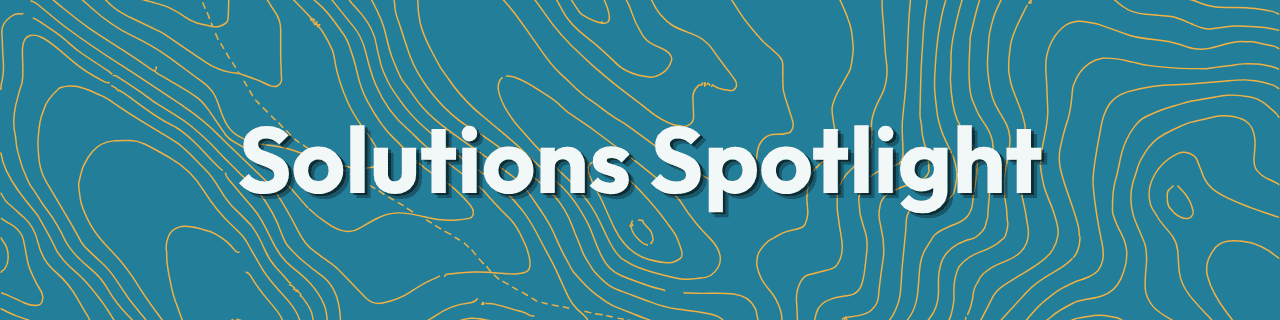 Text Solutions Spotlight in bold white letters on a blue background with thin yellow contour lines resembling a topographic map, highlighting the July 2026 edition of the Hope in Action Newsletter.