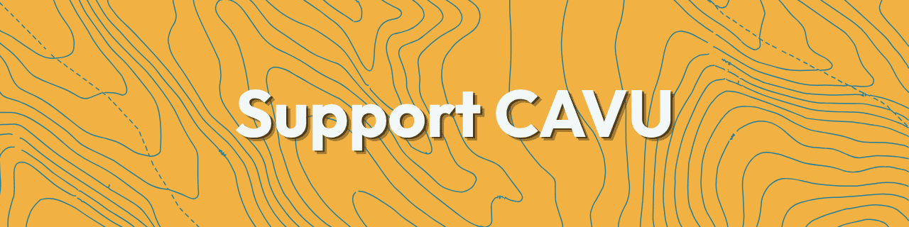 Yellow background with green contour lines and the words "Support CAVU" in bold white text at the center, perfect for highlighting the July 2026 edition of our Hope in Action Newsletter.