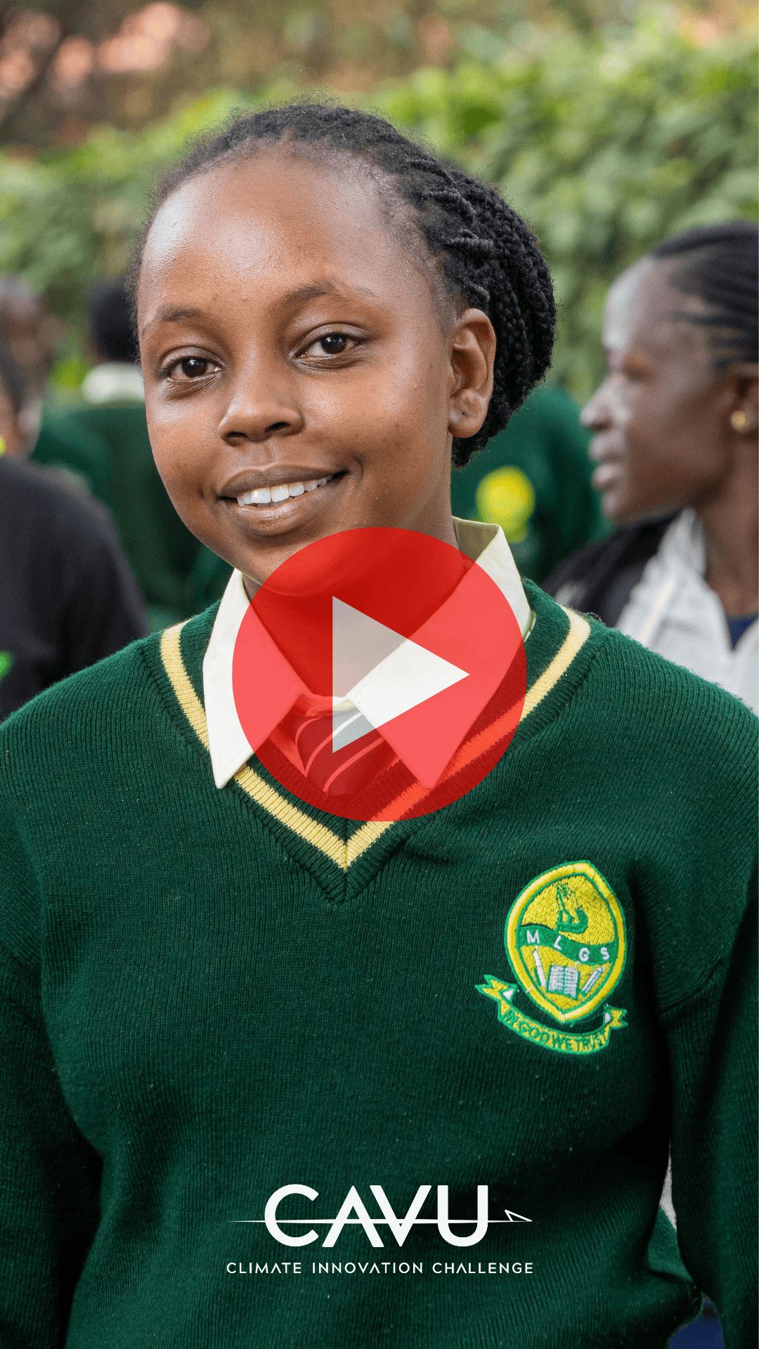 A student in a green school uniform stands outdoors, smiling at the camera. A play button icon overlays the image. The bottom text reads CAVU Climate Innovation Challenge, featured in the July 2026 Hope in Action Newsletter.