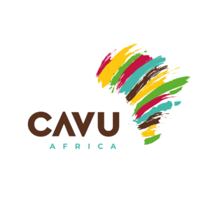 CAVU Africa logo with the word CAVU in bold brown letters and AFRICA below, next to a stylized, multicolored brushstroke map of Africa on a white background.