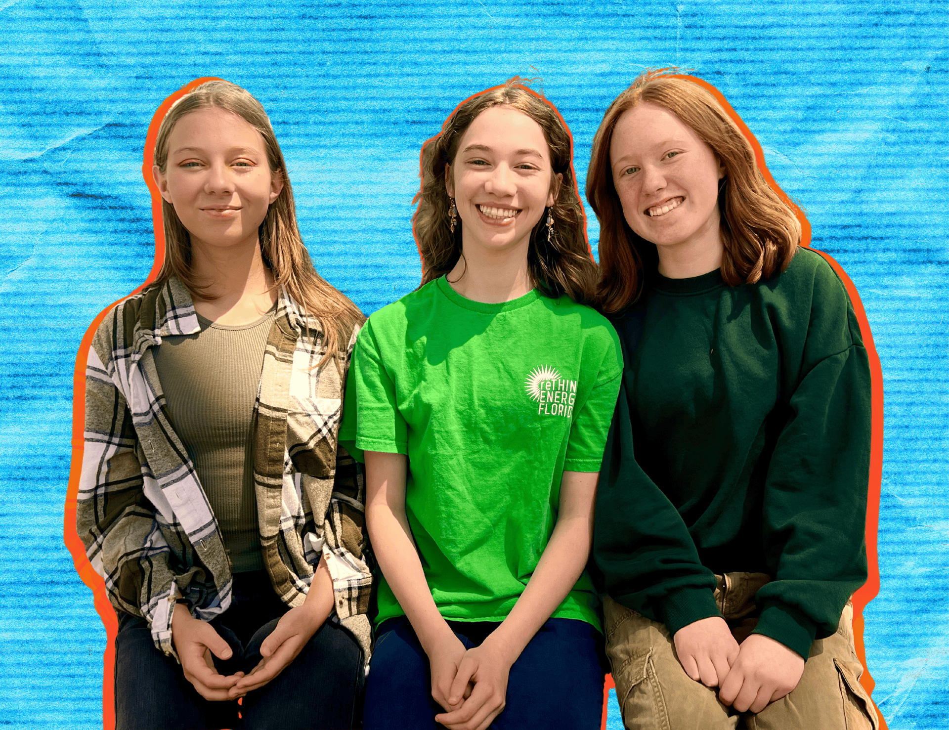 Three young people sit side by side in front of a blue background, smiling warmly. Each wears green-toned clothing, with an orange outline around their figures. This vibrant image captures the spirit of the July 2026 Hope in Action Newsletter.