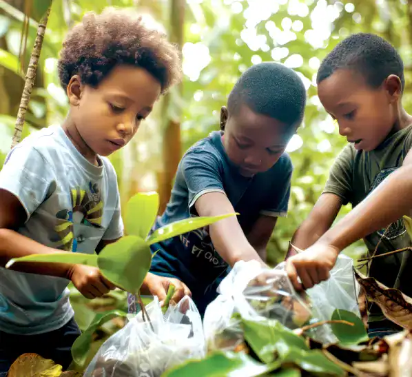 Three children put leaves and plants into clear plastic bags while standing outdoors surrounded by greenery.