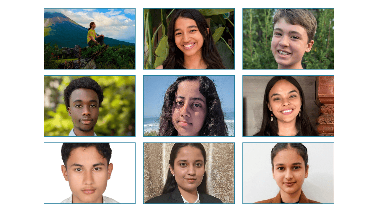 A grid of nine portraits, including one of a person sitting on a mountain and eight close-up photos of young people with various backgrounds, reflects climate inspiration—capturing the hope and determination driving a new generation to confront climate change.